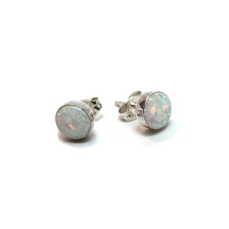 White Opal Round Stud Earrings in Sterling Silver - Click Image to Close
